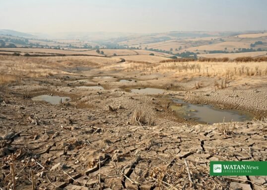 Cracked dry reservoir bed under a heatwave sky, illustrating climate awareness in Britain