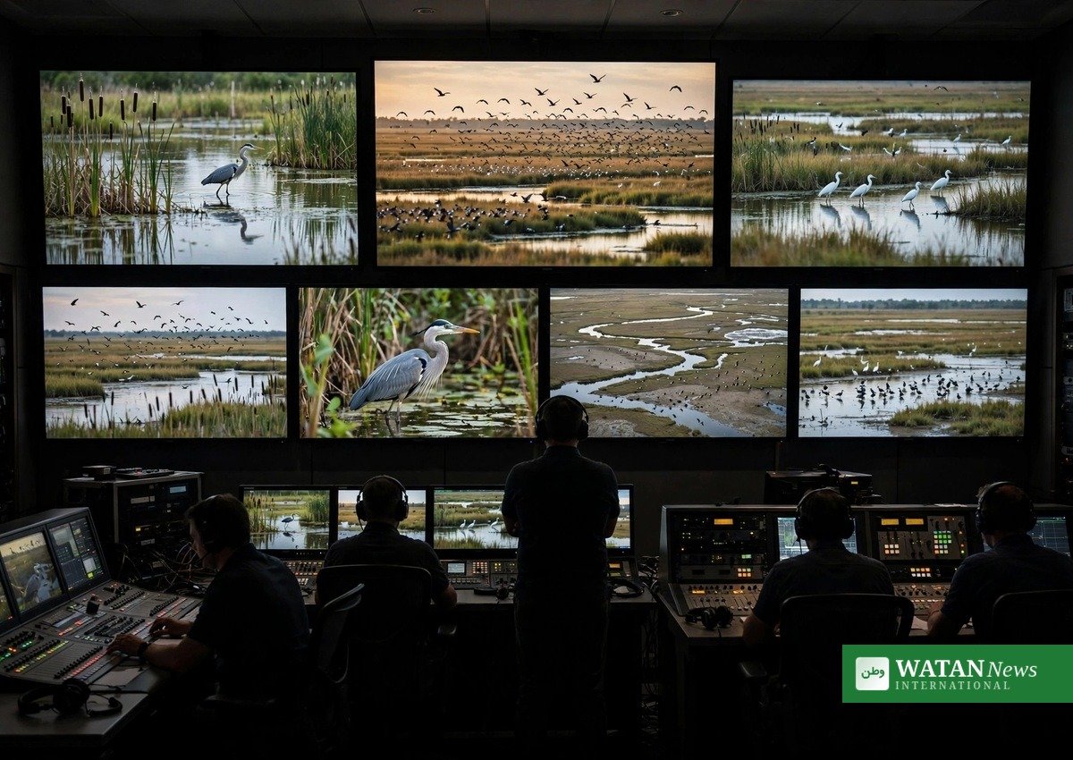 Basque environmental communication award 2026 — TV control room broadcasting live nature footage from wetland cameras