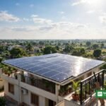 Rohit Sharma solar ambassador — rooftop solar panels on an Indian home with cricket bat and ball, Freyr Energy campaign