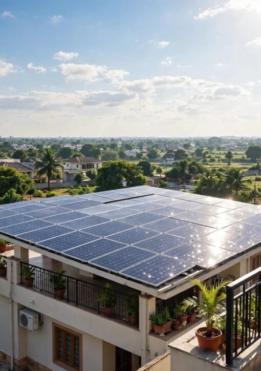 Rohit Sharma solar ambassador — rooftop solar panels on an Indian home with cricket bat and ball, Freyr Energy campaign