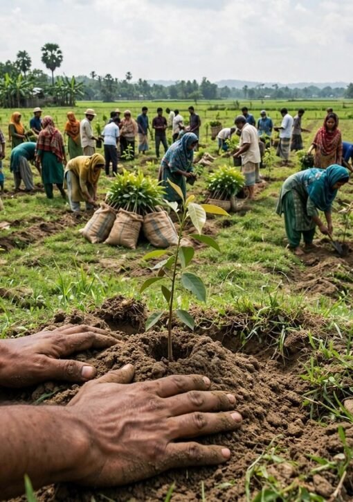 Volunteers planting saplings during the Bangladesh tree planting drive