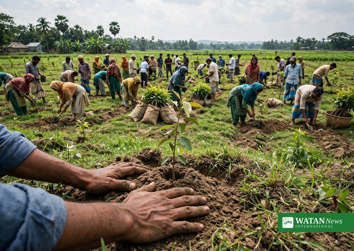 Volunteers planting saplings during the Bangladesh tree planting drive