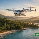Elektrisk lufttaxi over Sigiriya-klippefæstningen i Sri Lanka ved solnedgang