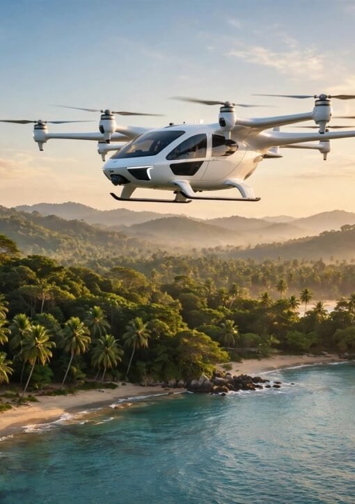 Elektrisk lufttaxi over Sigiriya-klippefæstningen i Sri Lanka ved solnedgang
