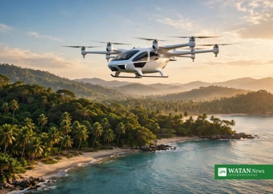 Elektrisk lufttaxi over Sigiriya-klippefæstningen i Sri Lanka ved solnedgang