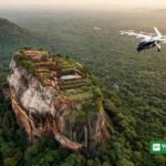 Electric air taxi flying over Sigiriya rock fortress in Sri Lanka at golden hour