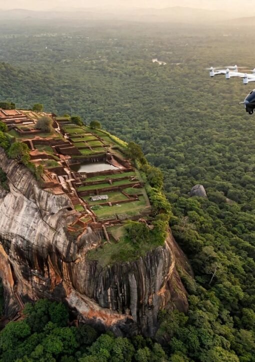 Electric air taxi flying over Sigiriya rock fortress in Sri Lanka at golden hour