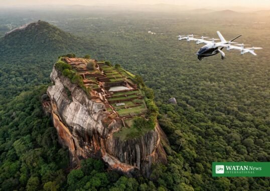 Electric air taxi flying over Sigiriya rock fortress in Sri Lanka at golden hour