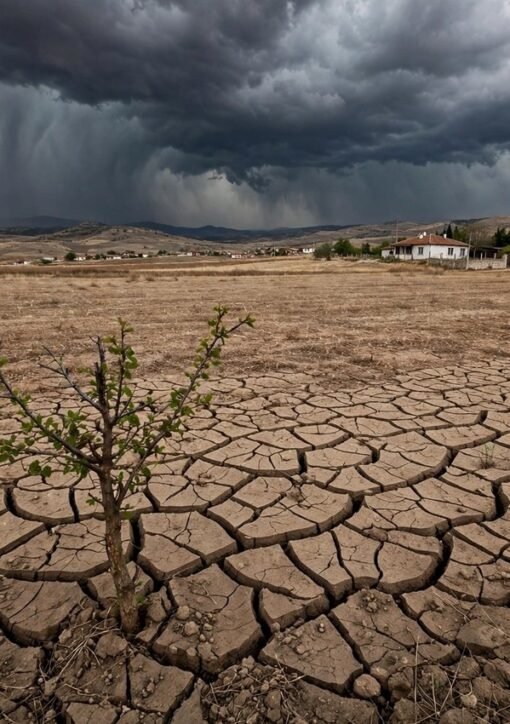 Stenskole i det landlige Anatolien i Tyrkiet under mørke stormskyer — symbol på klimabekymring blandt unge