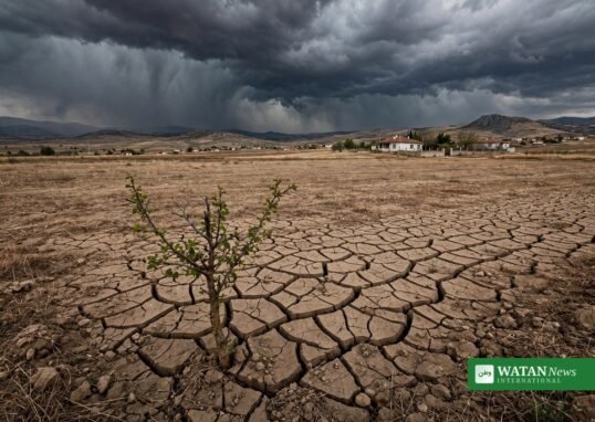 Stenskole i det landlige Anatolien i Tyrkiet under mørke stormskyer — symbol på klimabekymring blandt unge