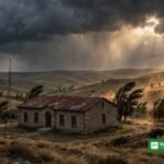 Stone schoolhouse in rural Anatolia, Türkiye, under dark storm clouds — climate worry among Turkish teens