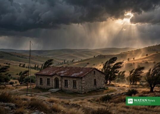 Stone schoolhouse in rural Anatolia, Türkiye, under dark storm clouds — climate worry among Turkish teens
