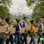GAIA's incinerators out of COP31 campaign: young climate volunteers marching with blank protest signs in a city park