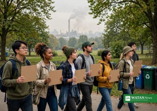 GAIA's incinerators out of COP31 campaign: young climate volunteers marching with blank protest signs in a city park