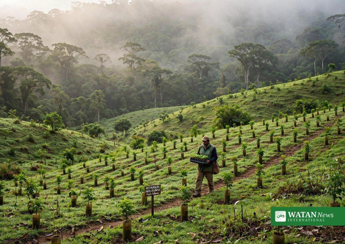 Native tree saplings planted in rows across Brazil's Atlantic Forest in the Arboredo Project
