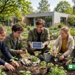 Pact2School-klimaambassadører og elever planter frøplanter i en skolehaven med et lille solpanel