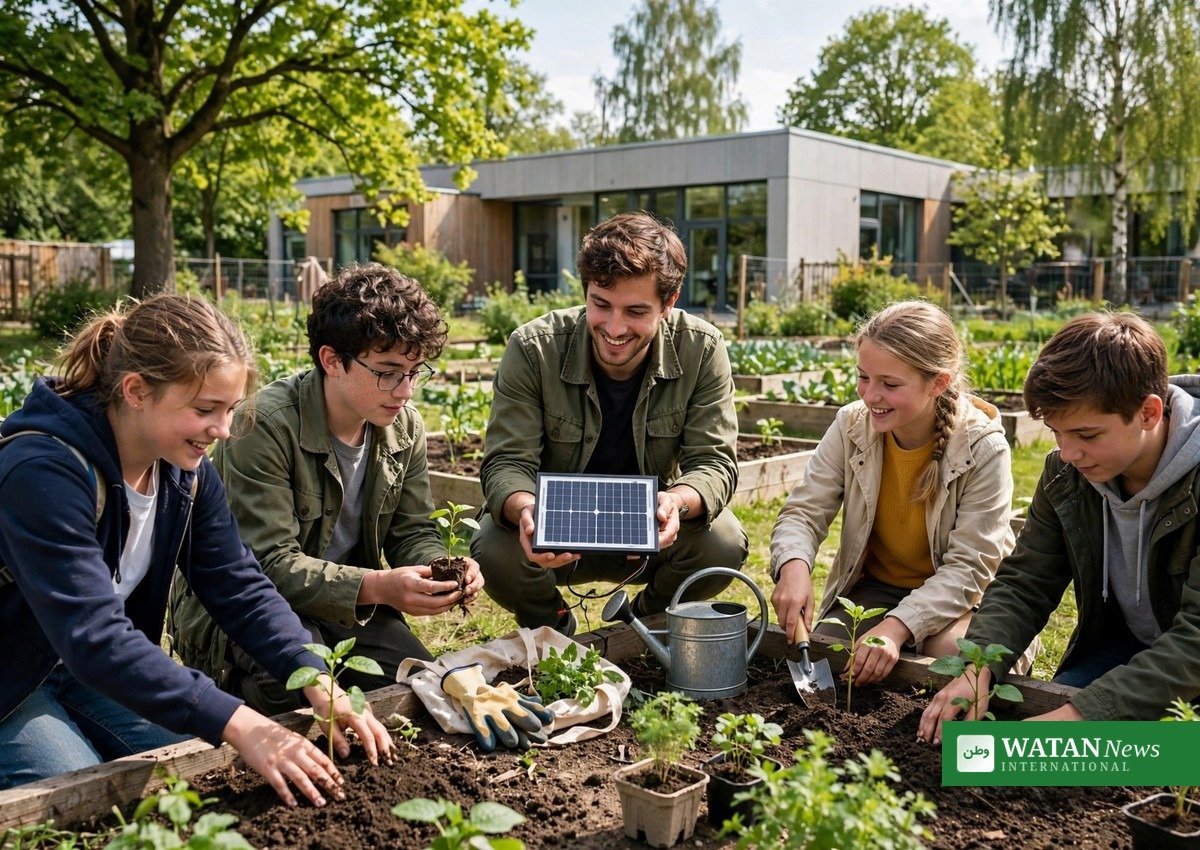 Pact2School climate ambassadors and students planting seedlings in a school garden with a small solar panel