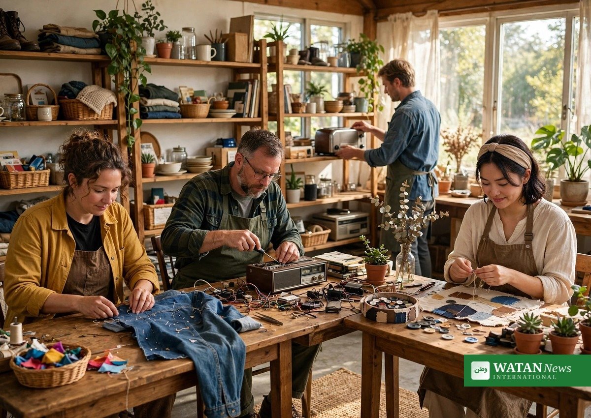 Waste reduction week community repair event volunteers fixing clothes and electronics