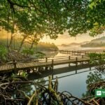 Siargao mangrove forest boardwalk over calm water at sunrise