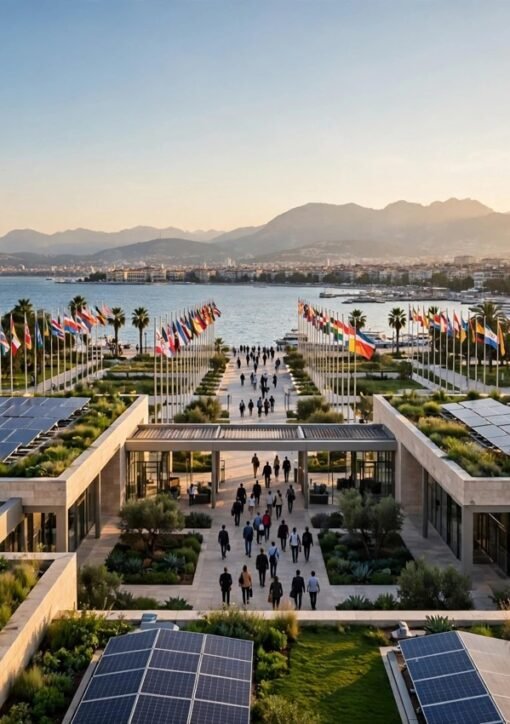 COP31-konferencecenter i Antalya med soltag og internationale flag