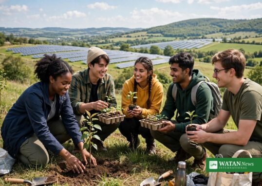 Youth climate champions award winners planting young trees with solar panels behind them