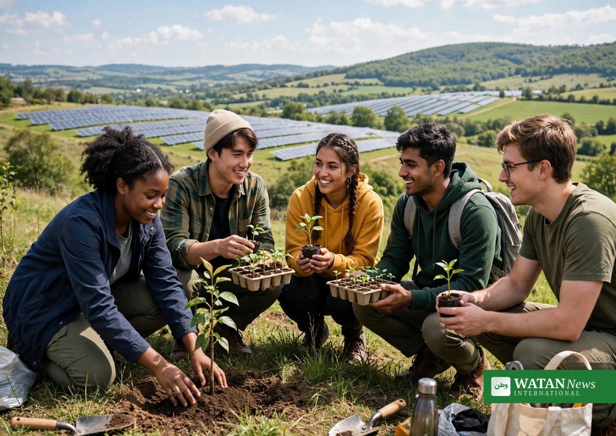 Youth climate champions award winners planting young trees with solar panels behind them