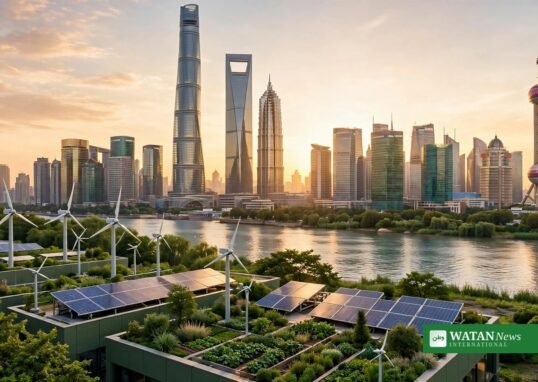 Shanghai skyline with solar panels and wind turbines at the Sustainability Global Leaders Conference