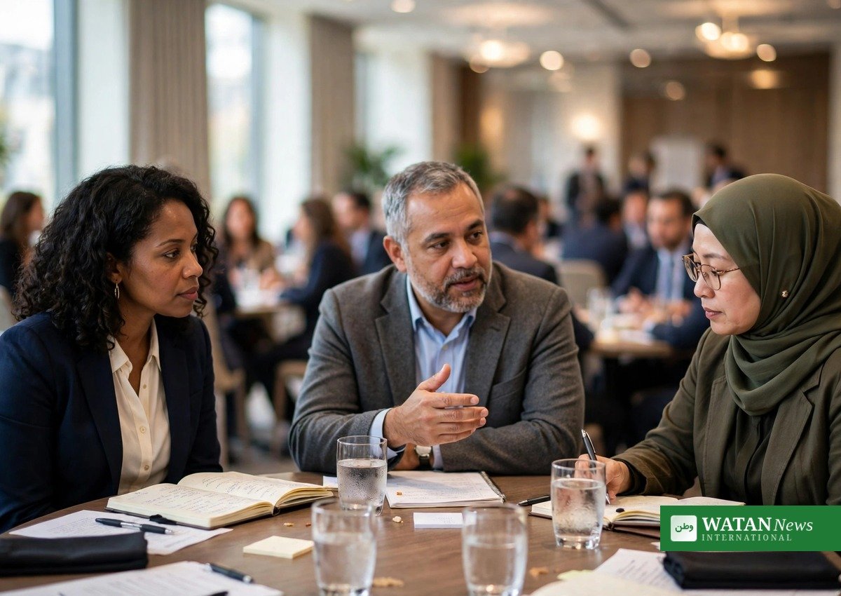Delegates and city leaders in discussion at a climate forum session on urban resilience