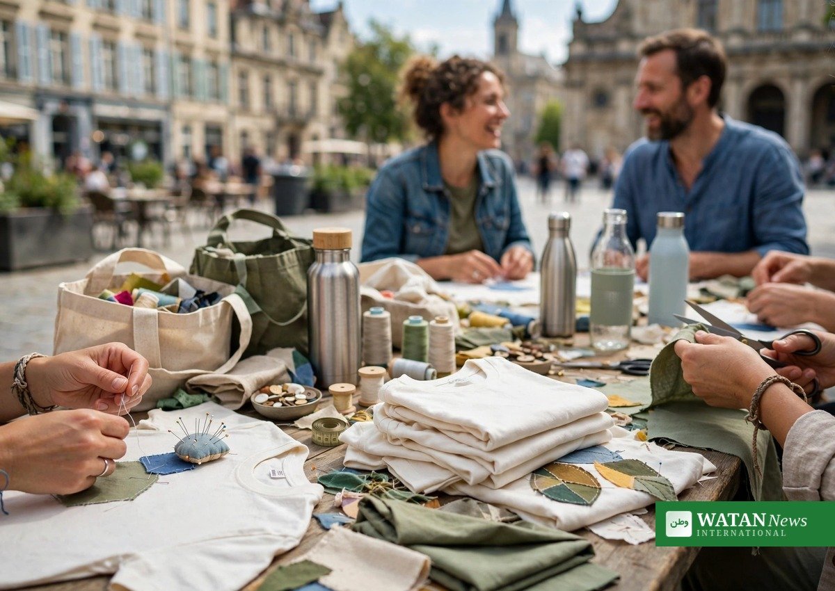 Frivillige syr T-shirts ved 'wear it longer'-workshop under Münchens klimauge