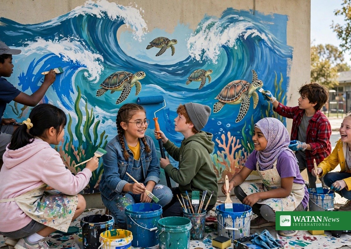 Schoolchildren painting an ocean-themed mural of waves and sea turtles for Call to Earth Day