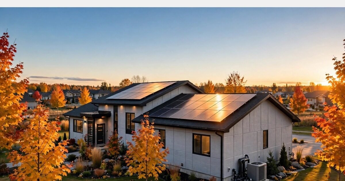 Energy-efficient home in Canada with rooftop solar panels and a heat pump in autumn