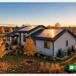 Energy-efficient home in Canada with rooftop solar panels and a heat pump in autumn