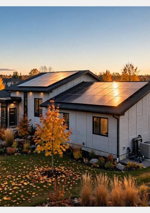 Energy-efficient home in Canada with rooftop solar panels and a heat pump in autumn
