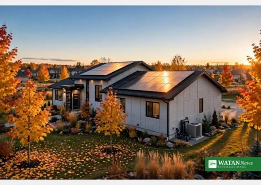 Energy-efficient home in Canada with rooftop solar panels and a heat pump in autumn