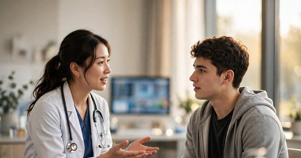 Doctor speaking with a young adult patient about early-onset cancer screening in a modern clinic