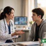 Doctor speaking with a young adult patient about early-onset cancer screening in a modern clinic