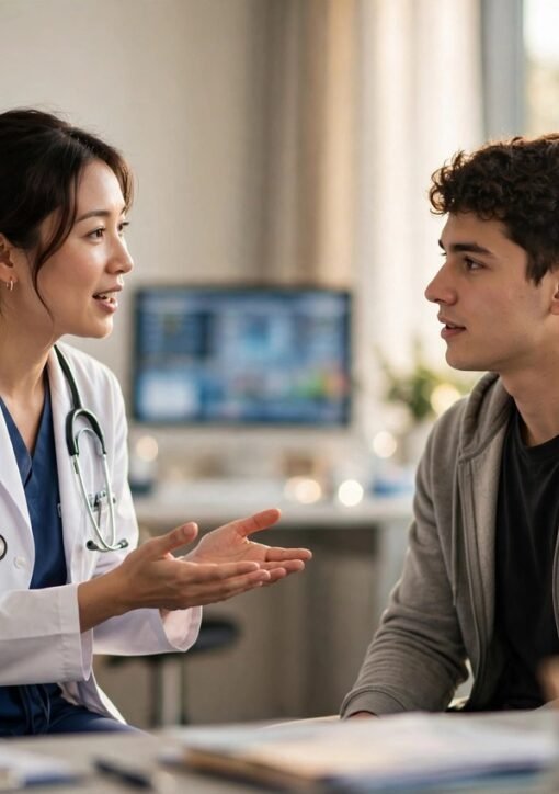 Doctor speaking with a young adult patient about early-onset cancer screening in a modern clinic