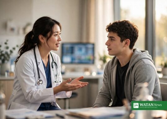 Doctor speaking with a young adult patient about early-onset cancer screening in a modern clinic