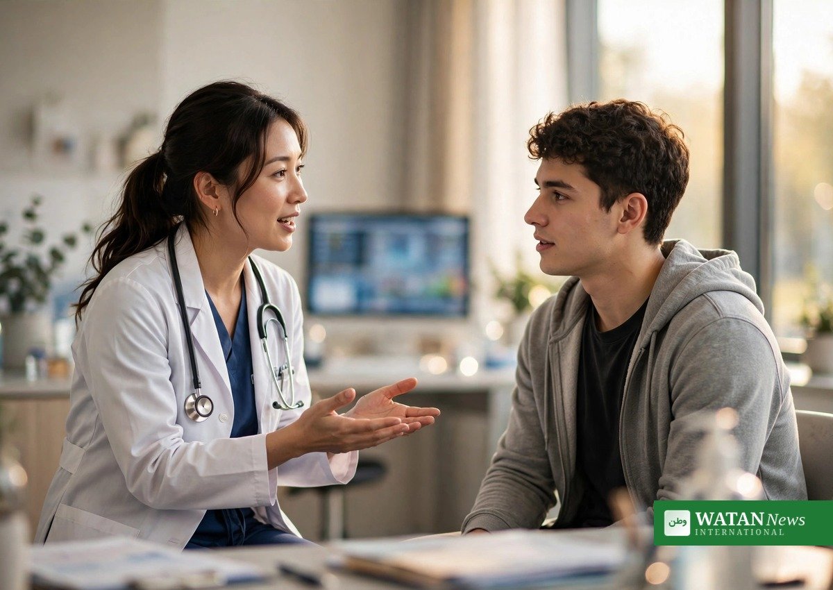 Doctor speaking with a young adult patient about early-onset cancer screening in a modern clinic