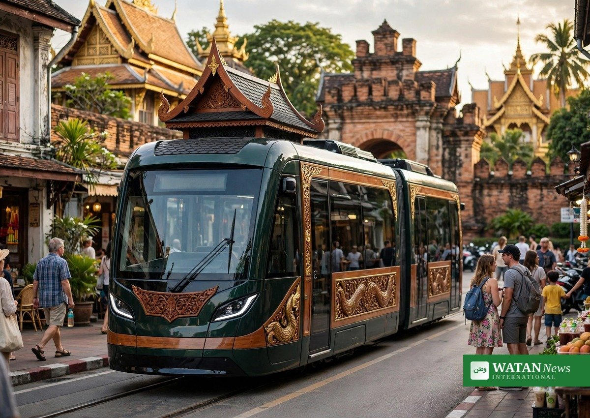 Elektrisk sightseeing-sporvogn med Lanna-design i Chiang Mais gamle bydel grøn el-sporvogn