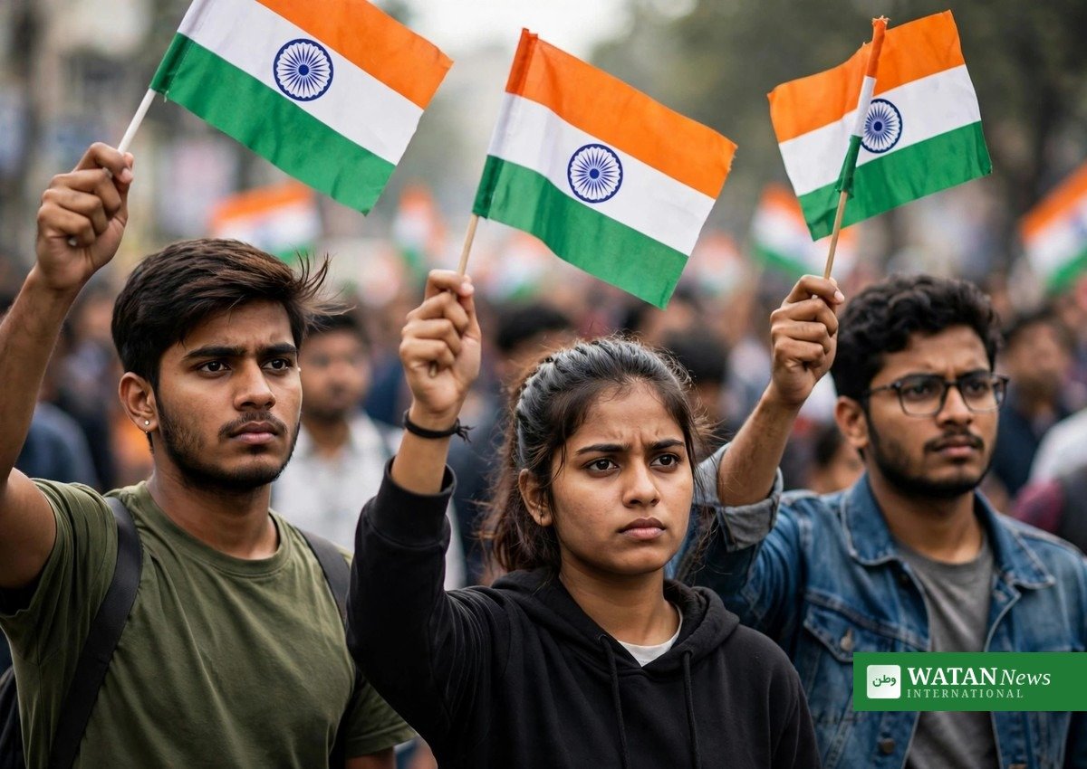 Young protesters wave Indian flags at a Cockroach Janta Party protest rally