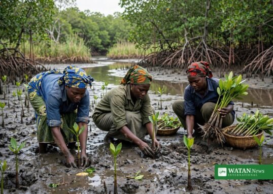 Women planting mangrove saplings during Senegal mangrove restoration work in Casamance