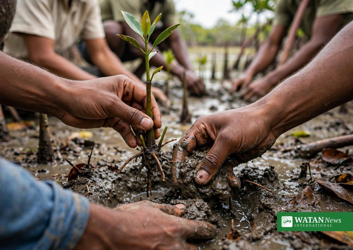 Close-up of hands planting a young mangrove seedling (propagule) in wet coastal mud, Senegal West Africa, community volunteers, natural daylight, respectful documentary style, no text. Landscape 1200x850.