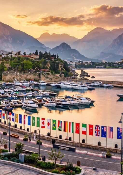 COP31-topmødets venue i Antalya ved Middelhavet med nationale flag