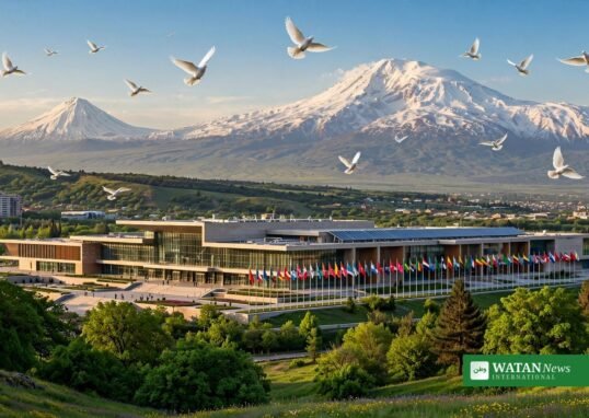 COP17 Yerevan — UN biodiversity summit venue in Yerevan with Mount Ararat and doves
