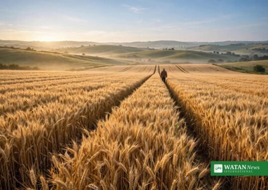 COP31 agriculture and food security — a farmer walks through a ripe wheat field at sunrise
