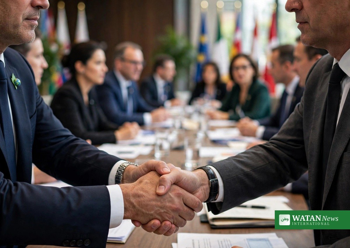 Negotiators shaking hands at an international climate conference