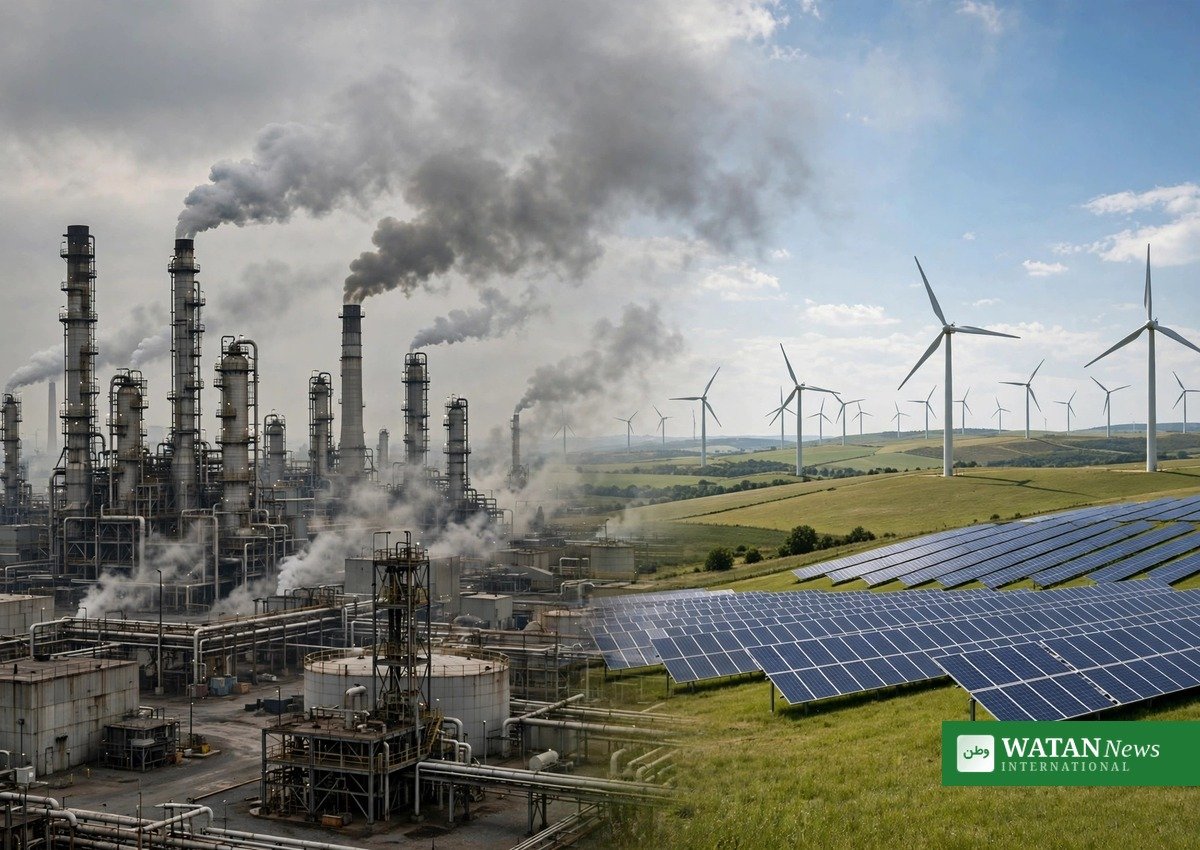 Oil refinery beside wind turbines and solar panels symbolizing the transition away from fossil fuels