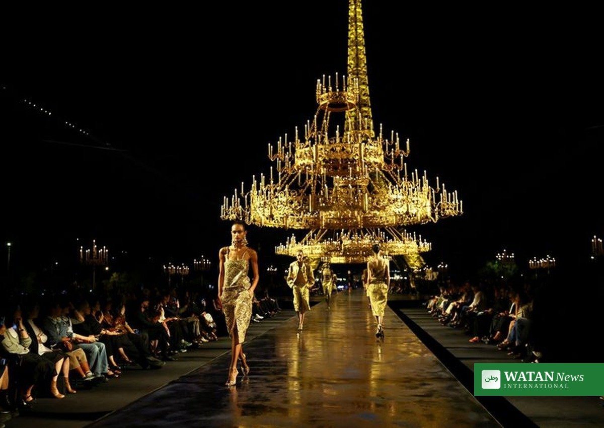 Saint Laurent Spring Summer 2027 gold collection at Paris Fashion Week Trocadero