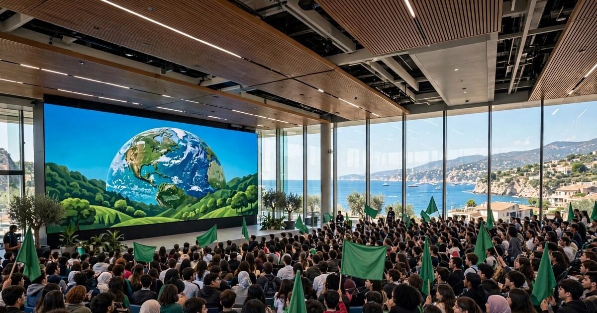 COY21 youth climate conference — young people gathered in a coastal auditorium